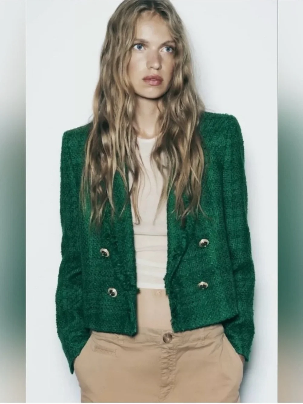 NWT Zara Gold Button Emerald Green Tweed Cropped Blazer Size:SMALL - Picture 6 of 10